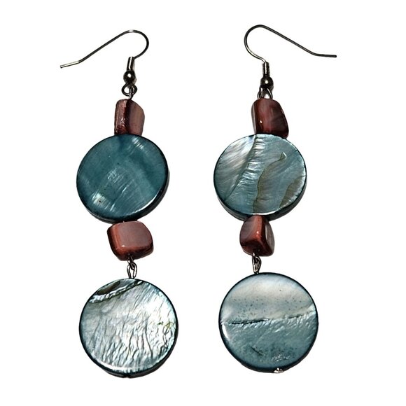 Handcrafted Boho Shell Dangle Earrings Blue Pink Discs Fashion Jewelry Women - Picture 1 of 4